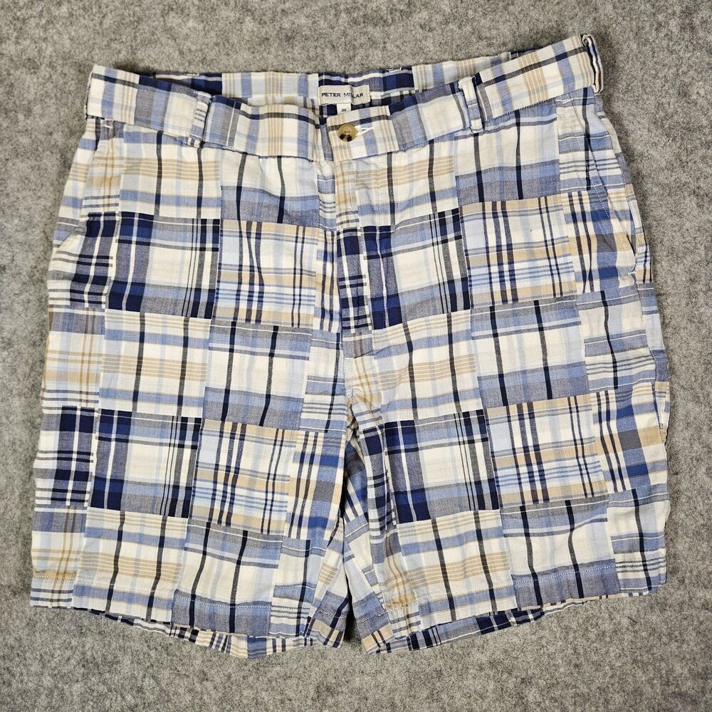 Peter Millar Mens Patchwork Madras Plaid Cotton Golf Shorts Preppy Casual Sz 36